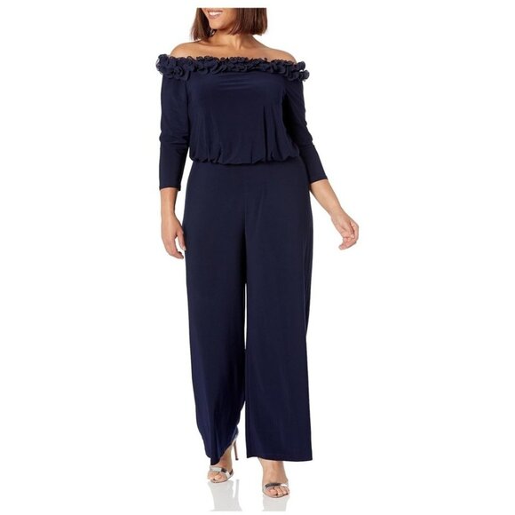Adrianna Papell Plus Size 22W Navy Blue Off Shoulder Jersey Jumpsuit Rosette NWT - Picture 2 of 11
